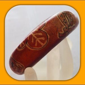 Vtg Wood Primitive Design Bangle Bracelet Women’s